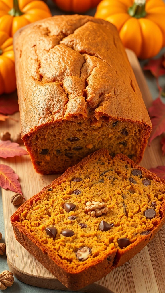 A golden-brown loaf of pumpkin bread with a slice cut, surrounded by pumpkins and autumn leaves.